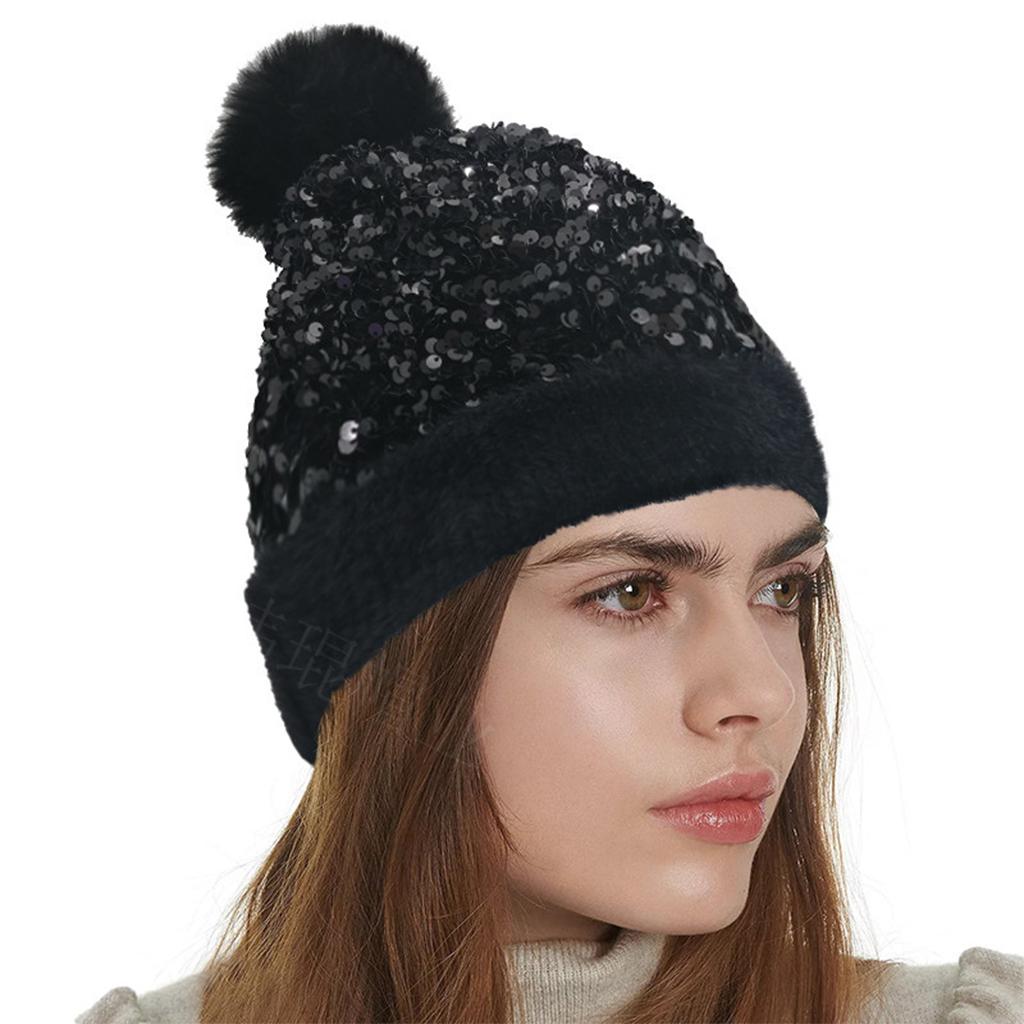 WOMENS LADIES KNIT WINTER POM POM SKI BEANIE HAT FLEECE LINING Black