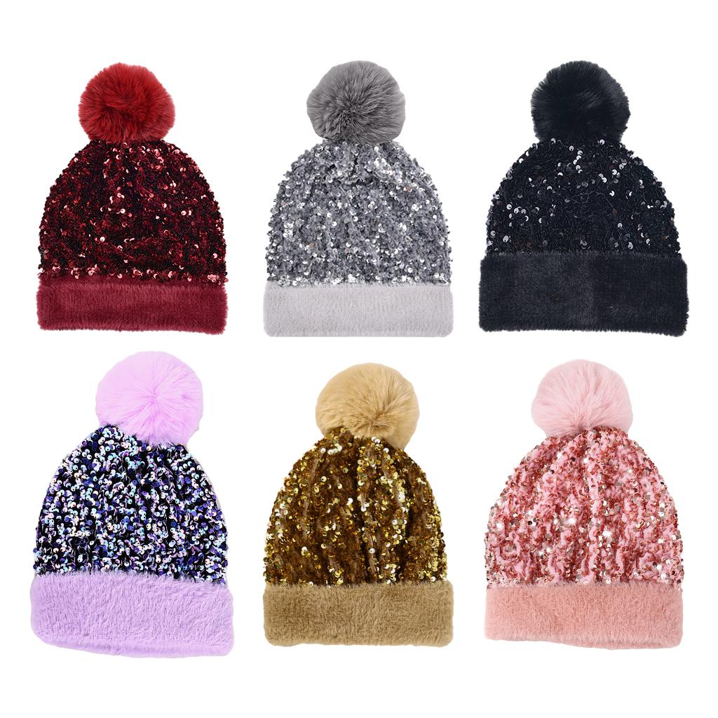 WOMENS LADIES KNIT WINTER POM POM SKI BEANIE HAT FLEECE LINING Black