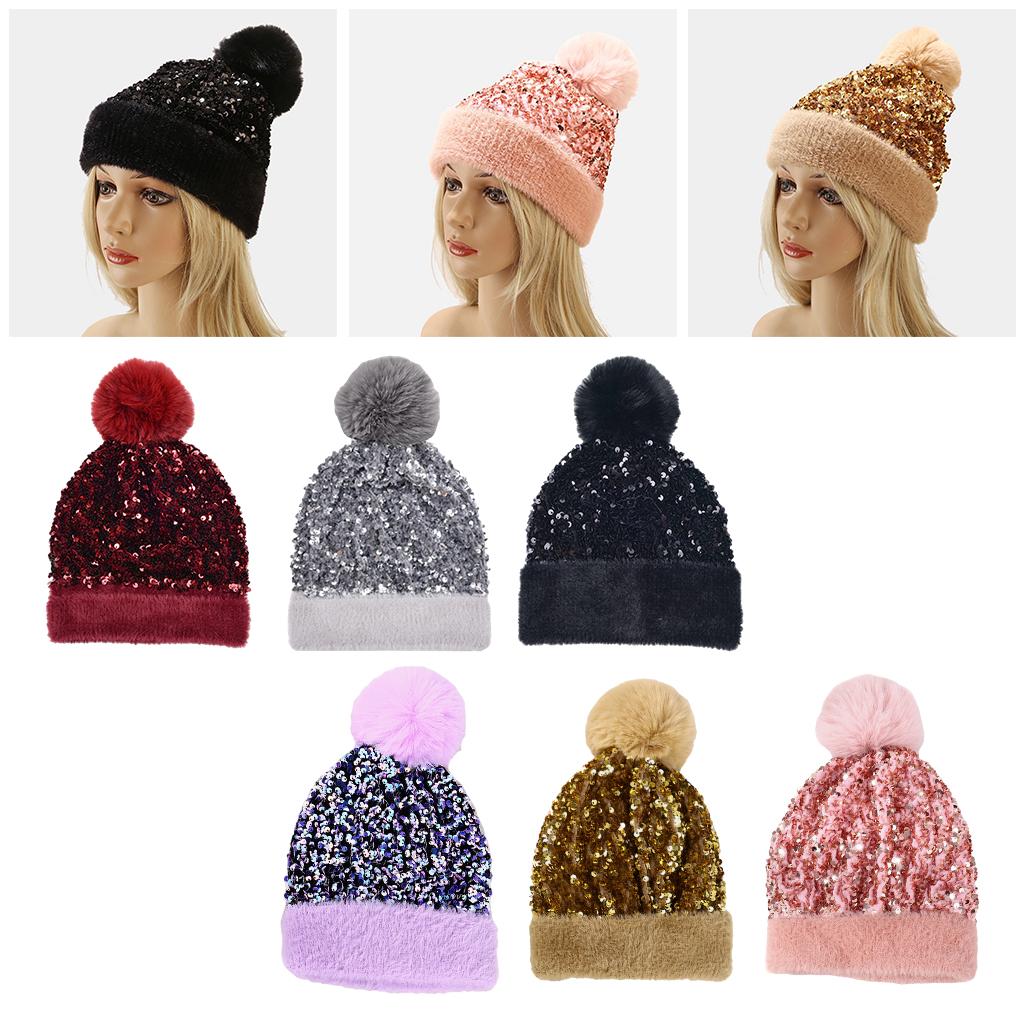 WOMENS LADIES KNIT WINTER POM POM SKI BEANIE HAT FLEECE LINING Black