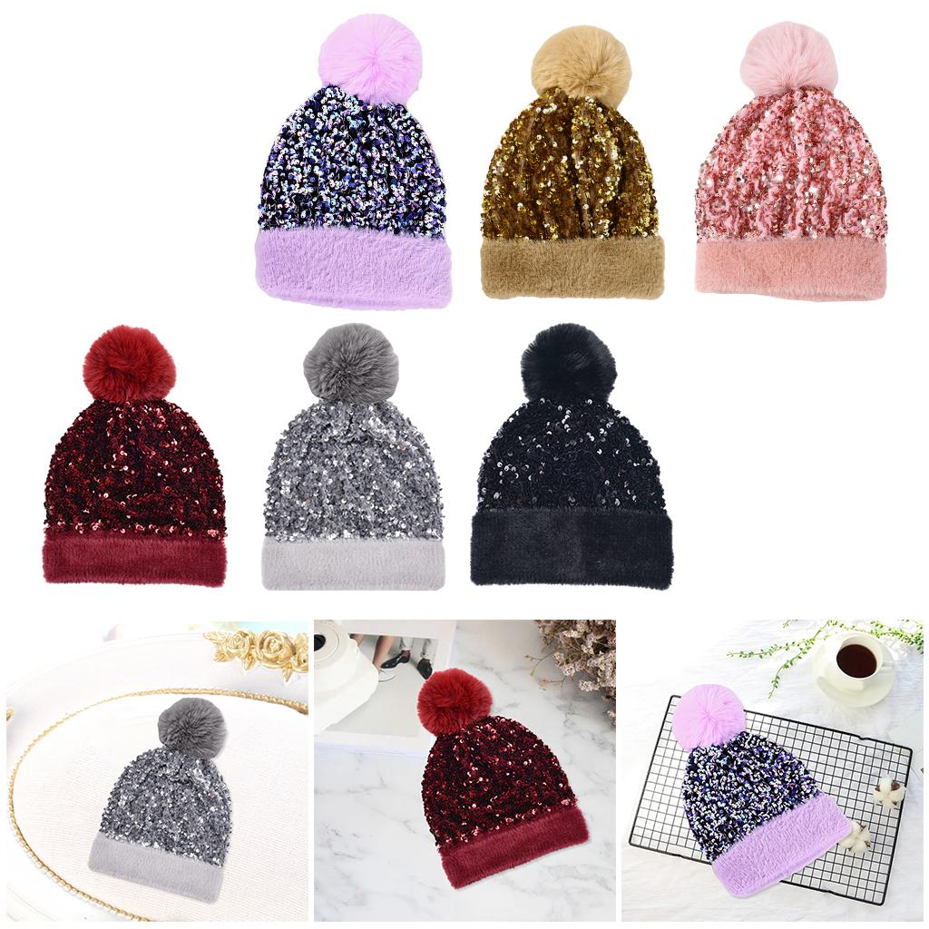 WOMENS LADIES KNIT WINTER POM POM SKI BEANIE HAT FLEECE LINING Black