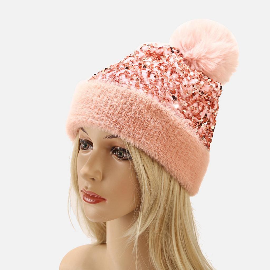WOMENS LADIES KNIT WINTER POM POM SKI BEANIE HAT FLEECE LINING Pink
