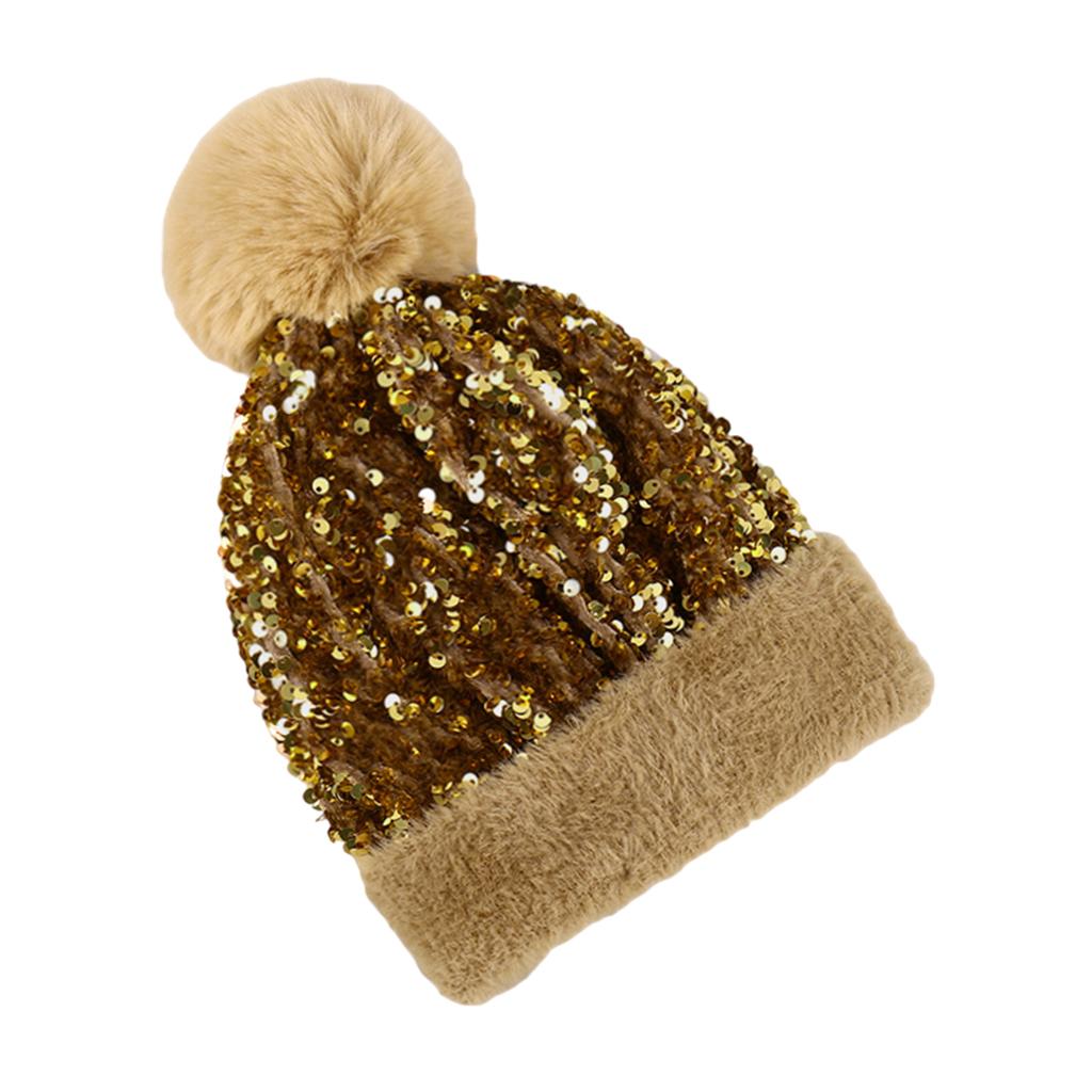 WOMENS LADIES KNIT WINTER POM POM SKI BEANIE HAT FLEECE LINING Gold