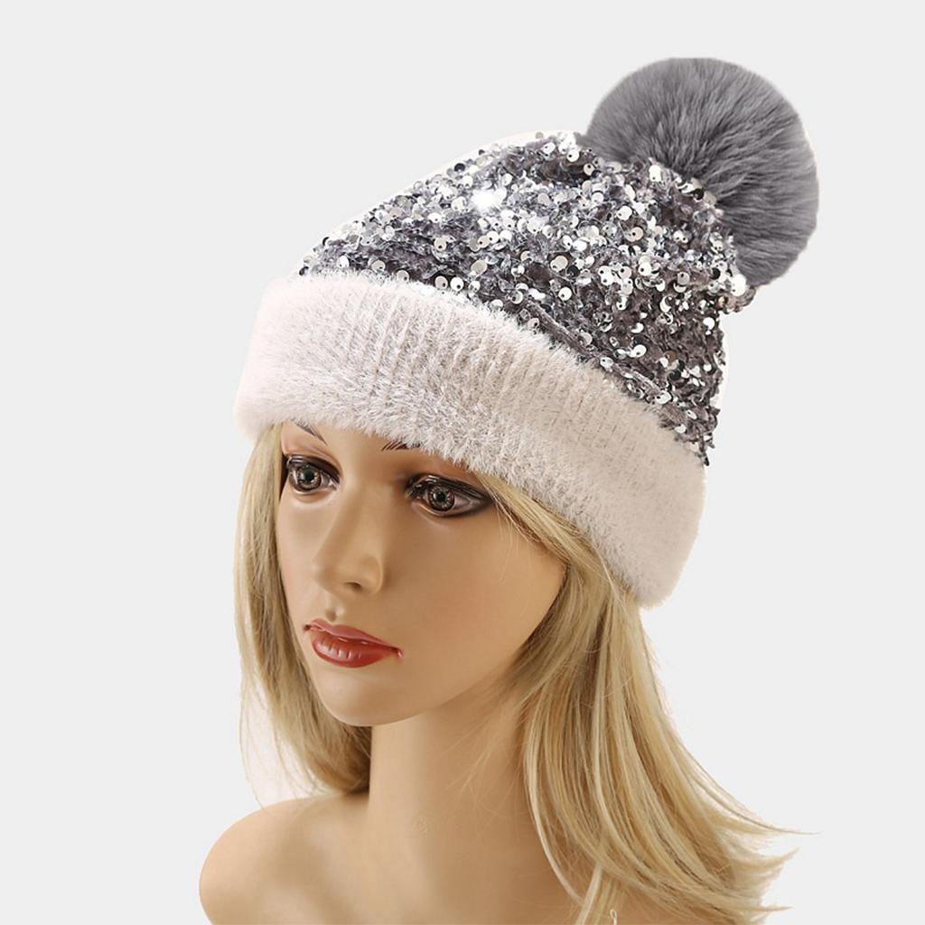 WOMENS LADIES KNIT WINTER POM POM SKI BEANIE HAT FLEECE LINING Grey