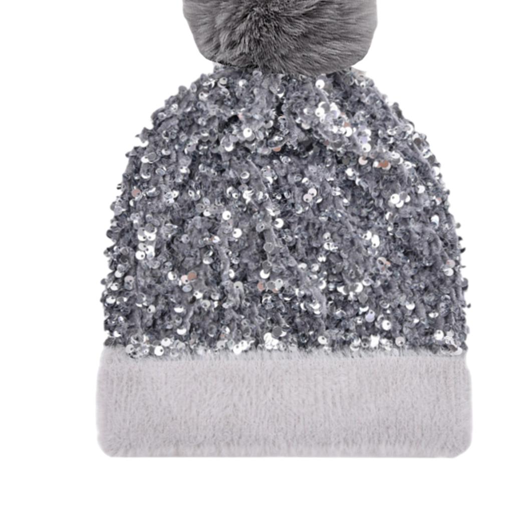 WOMENS LADIES KNIT WINTER POM POM SKI BEANIE HAT FLEECE LINING Grey