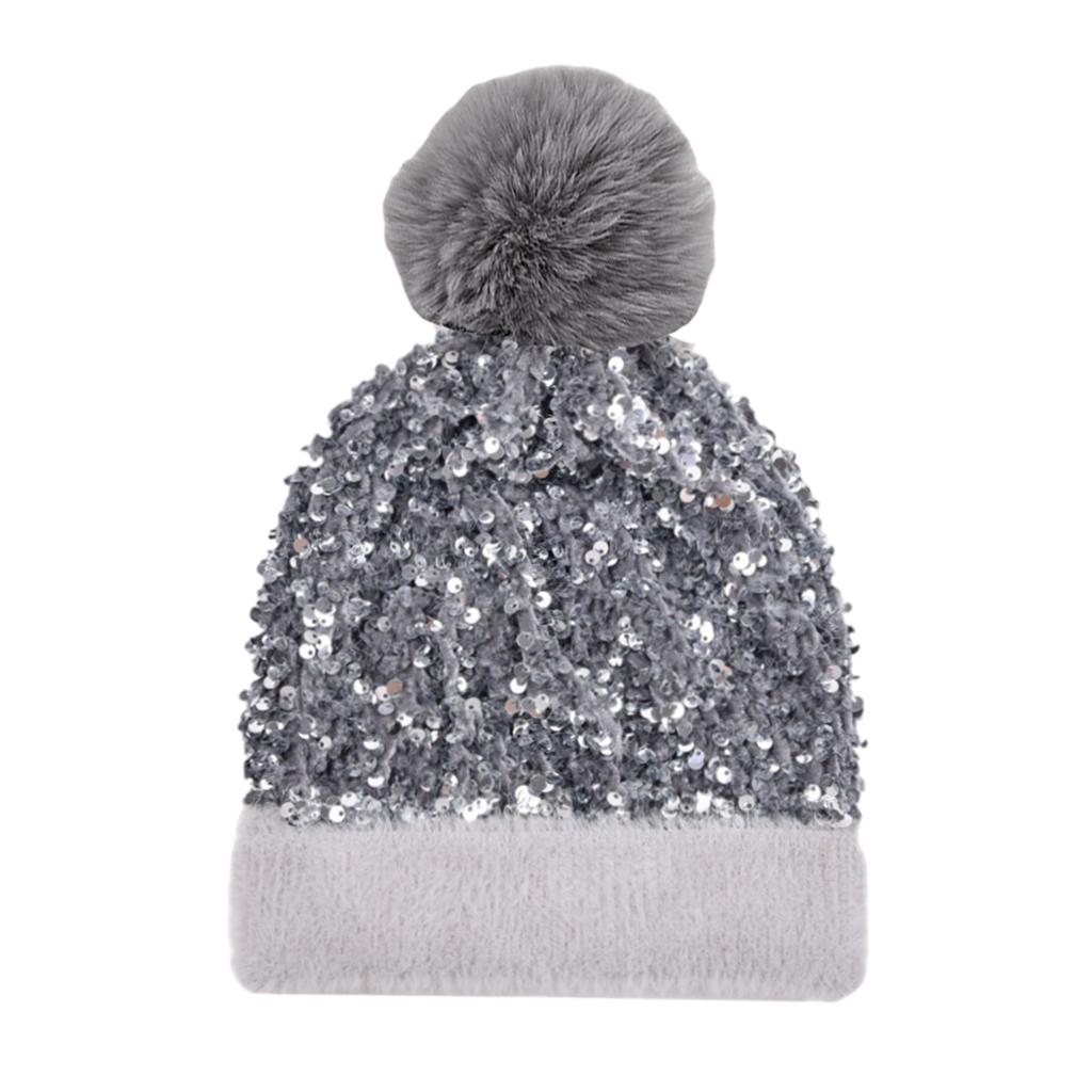 WOMENS LADIES KNIT WINTER POM POM SKI BEANIE HAT FLEECE LINING Grey