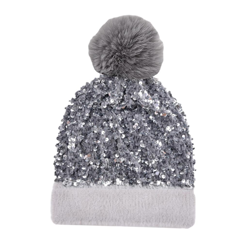 WOMENS LADIES KNIT WINTER POM POM SKI BEANIE HAT FLEECE LINING Grey