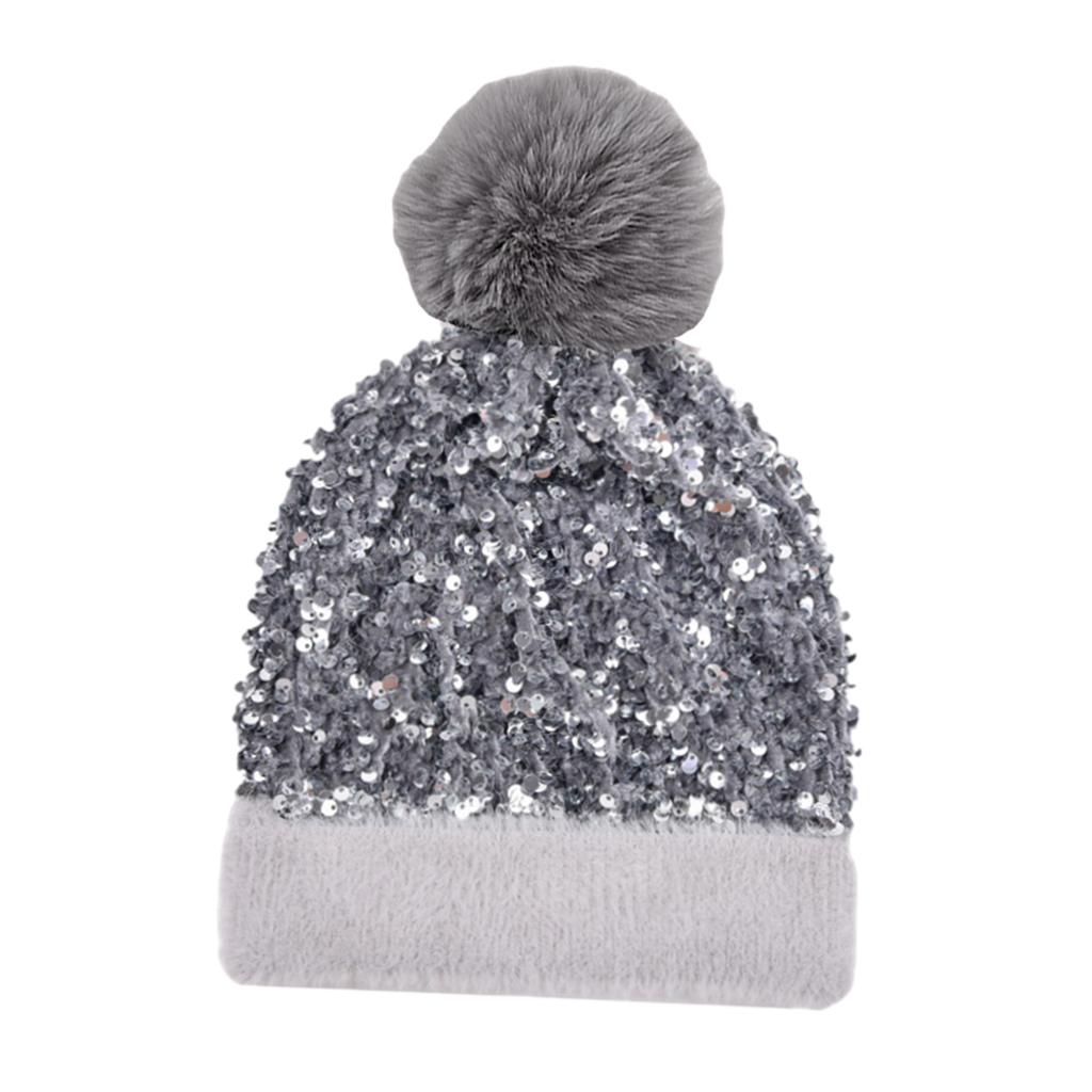WOMENS LADIES KNIT WINTER POM POM SKI BEANIE HAT FLEECE LINING Grey