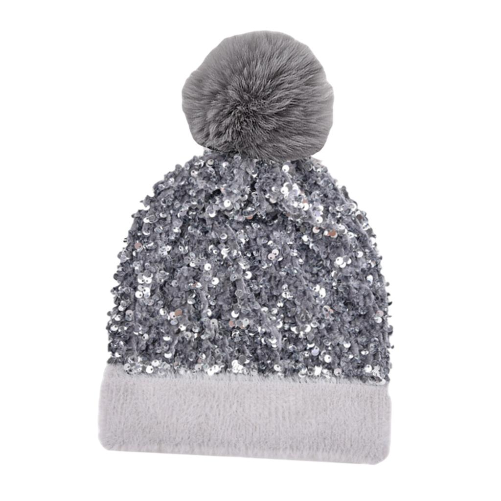 WOMENS LADIES KNIT WINTER POM POM SKI BEANIE HAT FLEECE LINING Grey