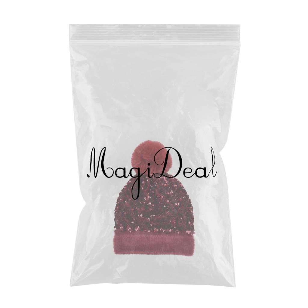 WOMENS LADIES KNIT WINTER POM POM SKI BEANIE HAT FLEECE LINING Wine red