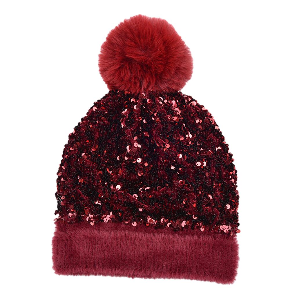 WOMENS LADIES KNIT WINTER POM POM SKI BEANIE HAT FLEECE LINING Wine red