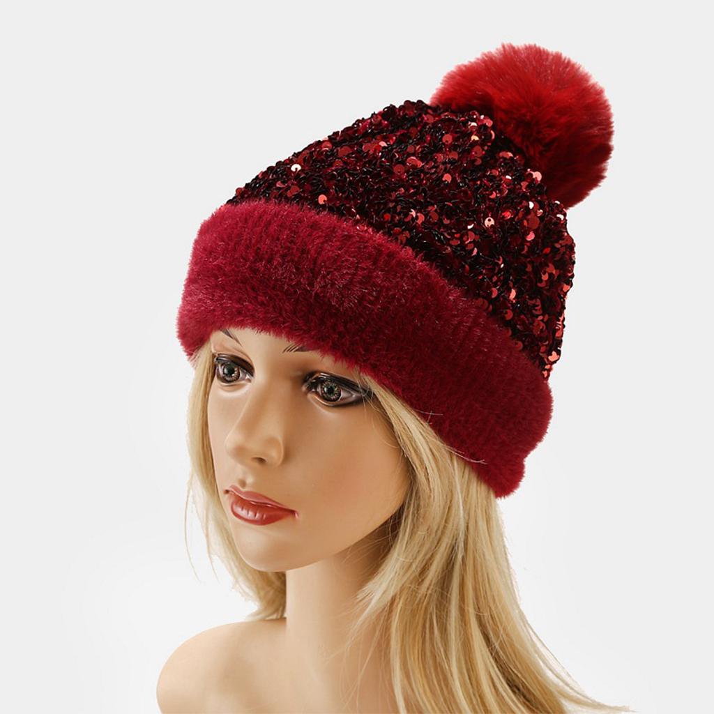 WOMENS LADIES KNIT WINTER POM POM SKI BEANIE HAT FLEECE LINING Wine red