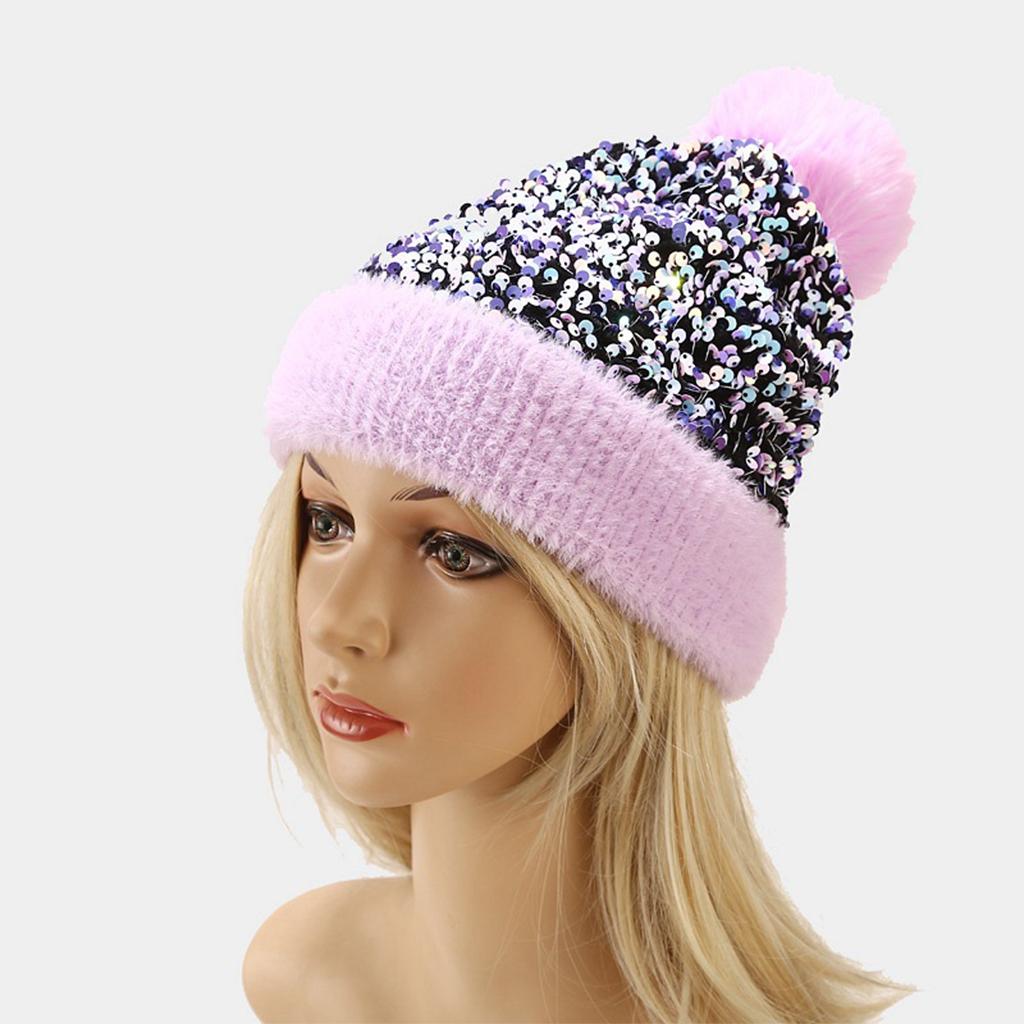 WOMENS LADIES KNIT WINTER POM POM SKI BEANIE HAT FLEECE LINING Light purple