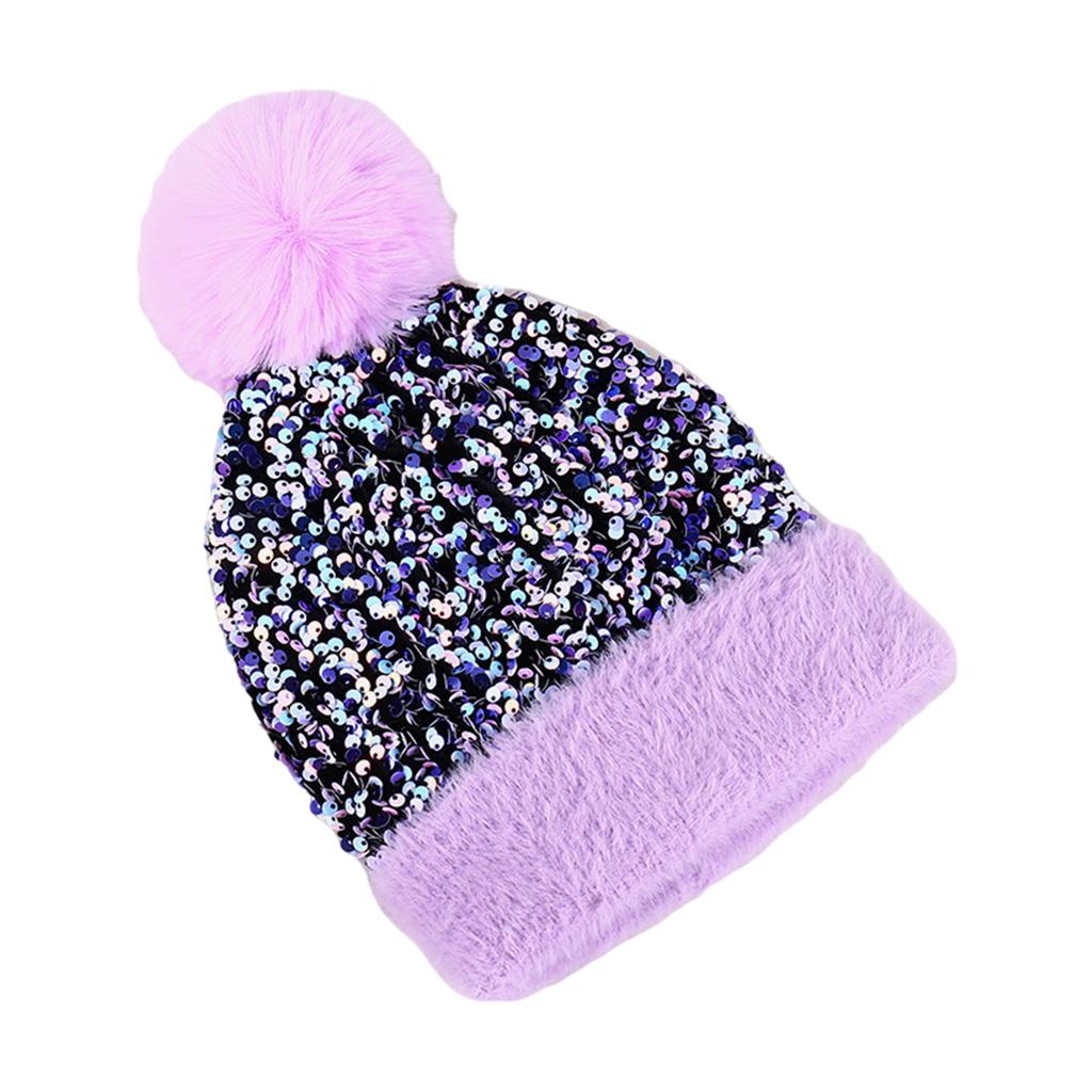 WOMENS LADIES KNIT WINTER POM POM SKI BEANIE HAT FLEECE LINING Light purple