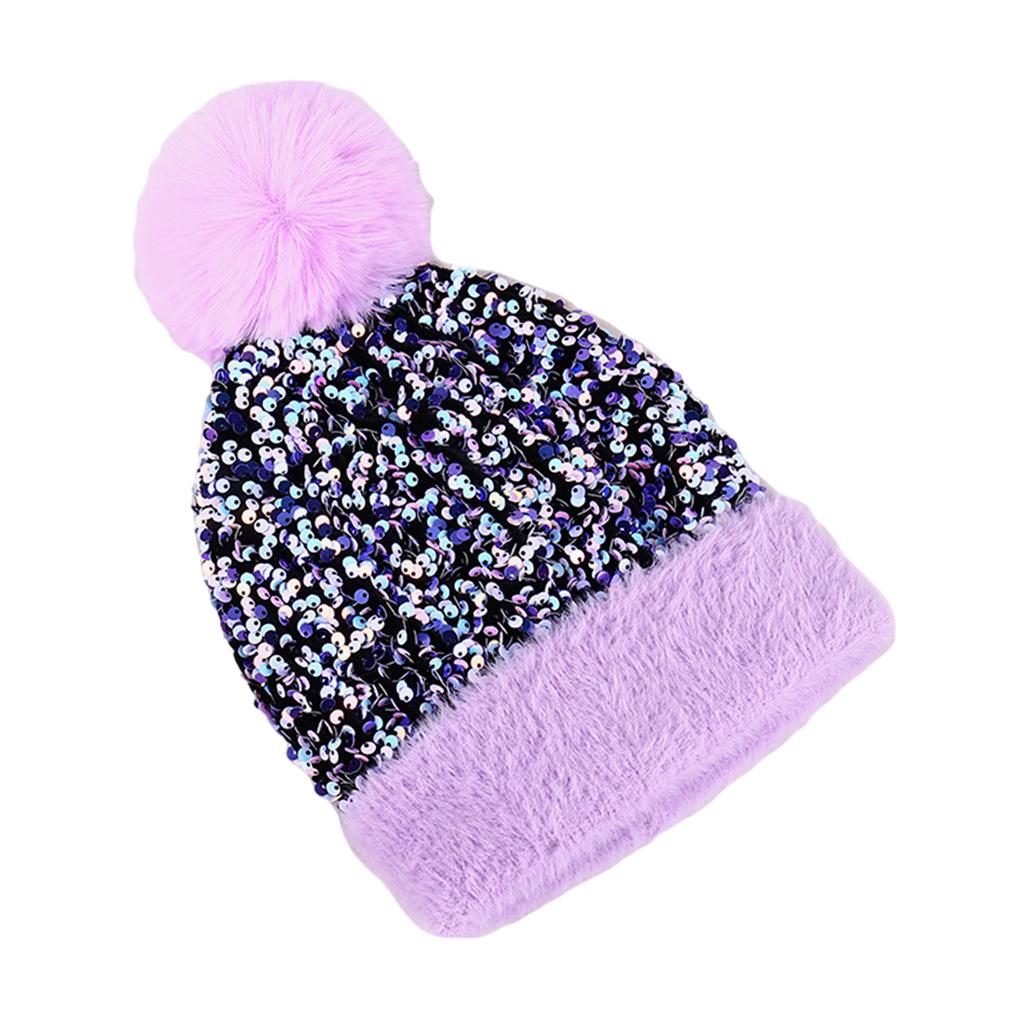 WOMENS LADIES KNIT WINTER POM POM SKI BEANIE HAT FLEECE LINING Light purple