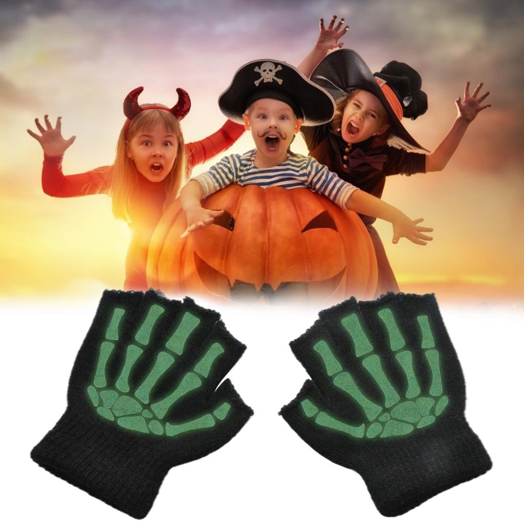 Halloween Skeleton Half Finger Gloves Winter for Cosplay Kids Skull