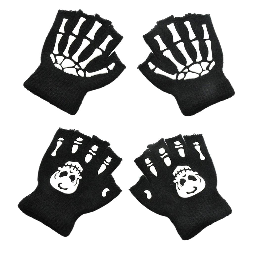 Halloween Skeleton Half Finger Gloves Winter for Cosplay Kids Skull