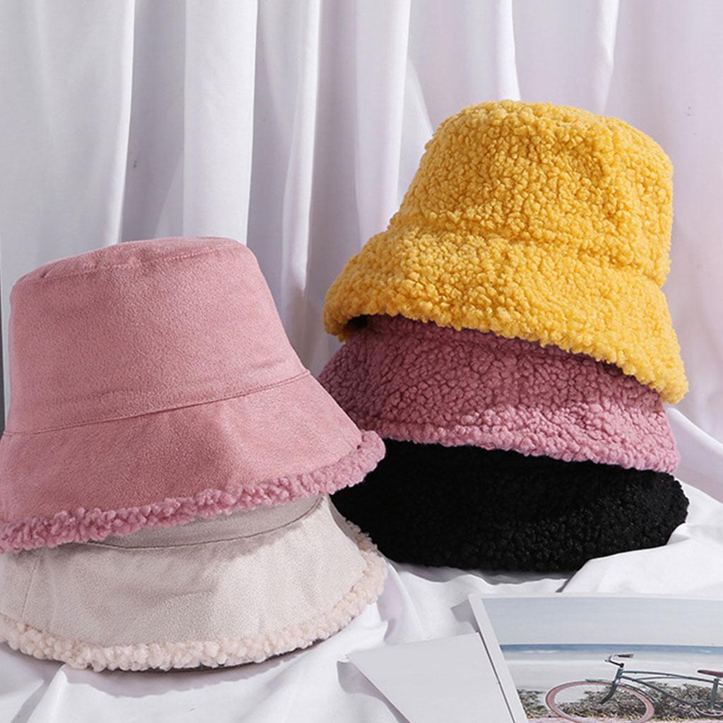 Winter Bucket Hat Warm Faux Fur Wool Elegant for Autumn Winter Hat Black