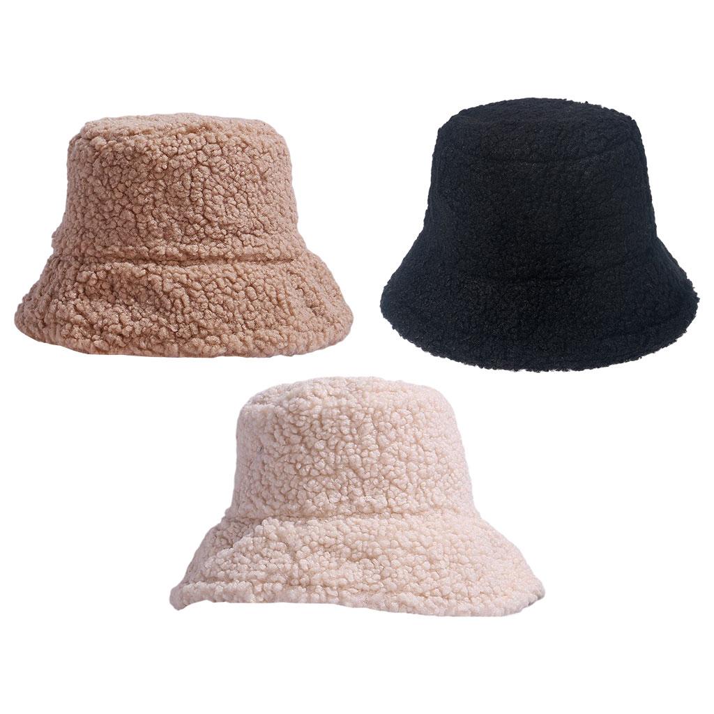 Winter Bucket Hat Warm Faux Fur Wool Elegant for Autumn Winter Hat Black