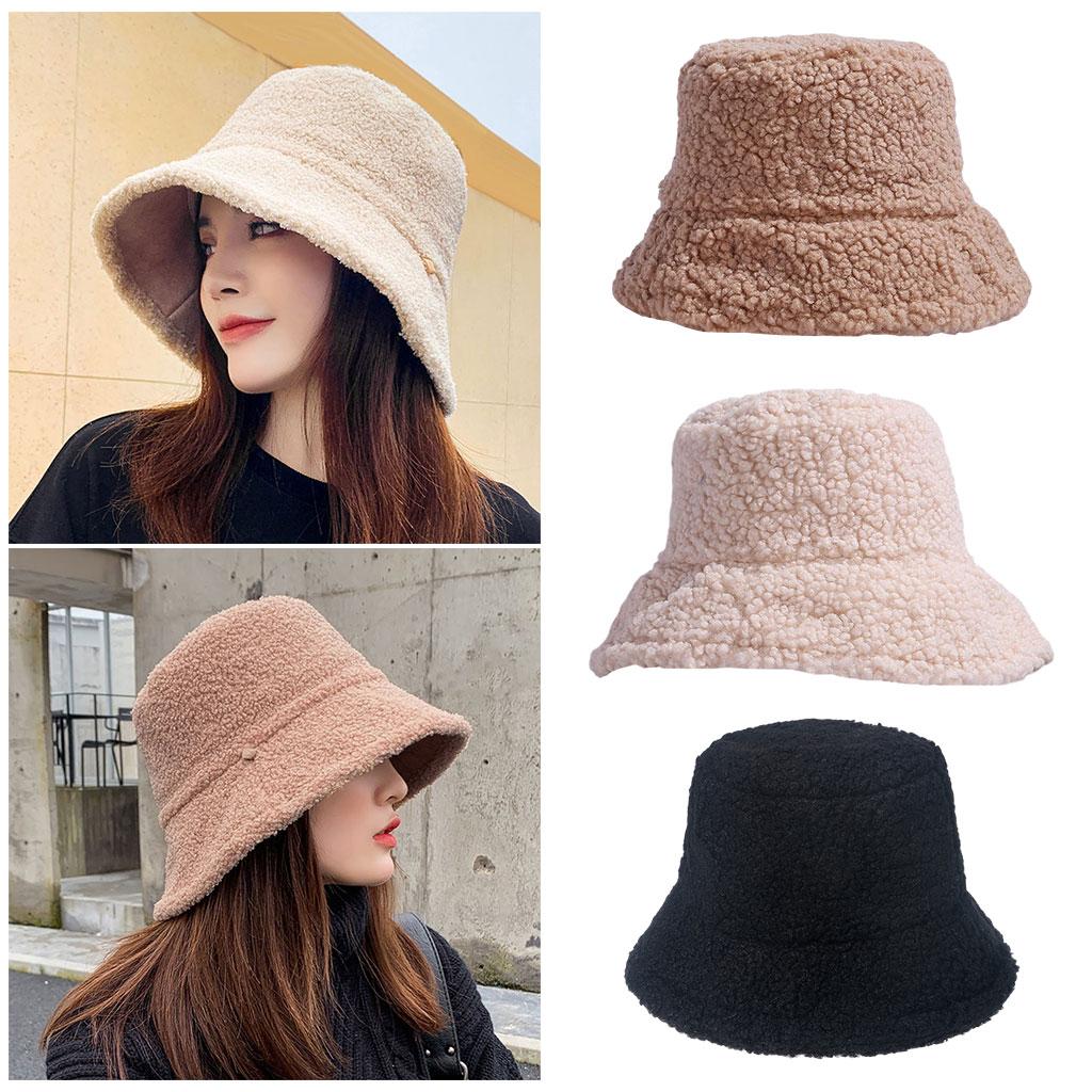 Winter Bucket Hat Warm Faux Fur Wool Elegant for Autumn Winter Hat Black
