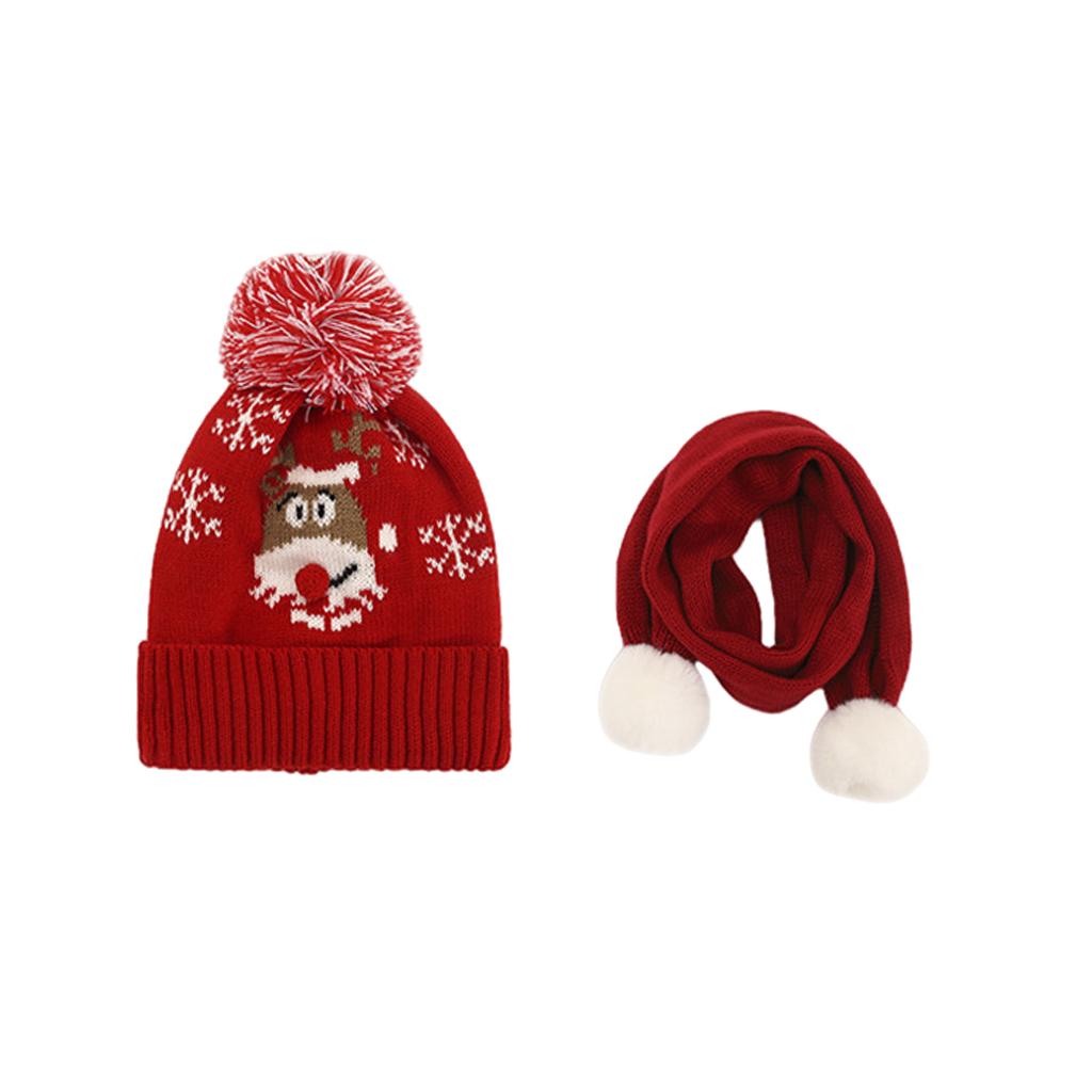 Winter Children Hat with Pom for Boys Girls Red Elk Hat Scarf Set