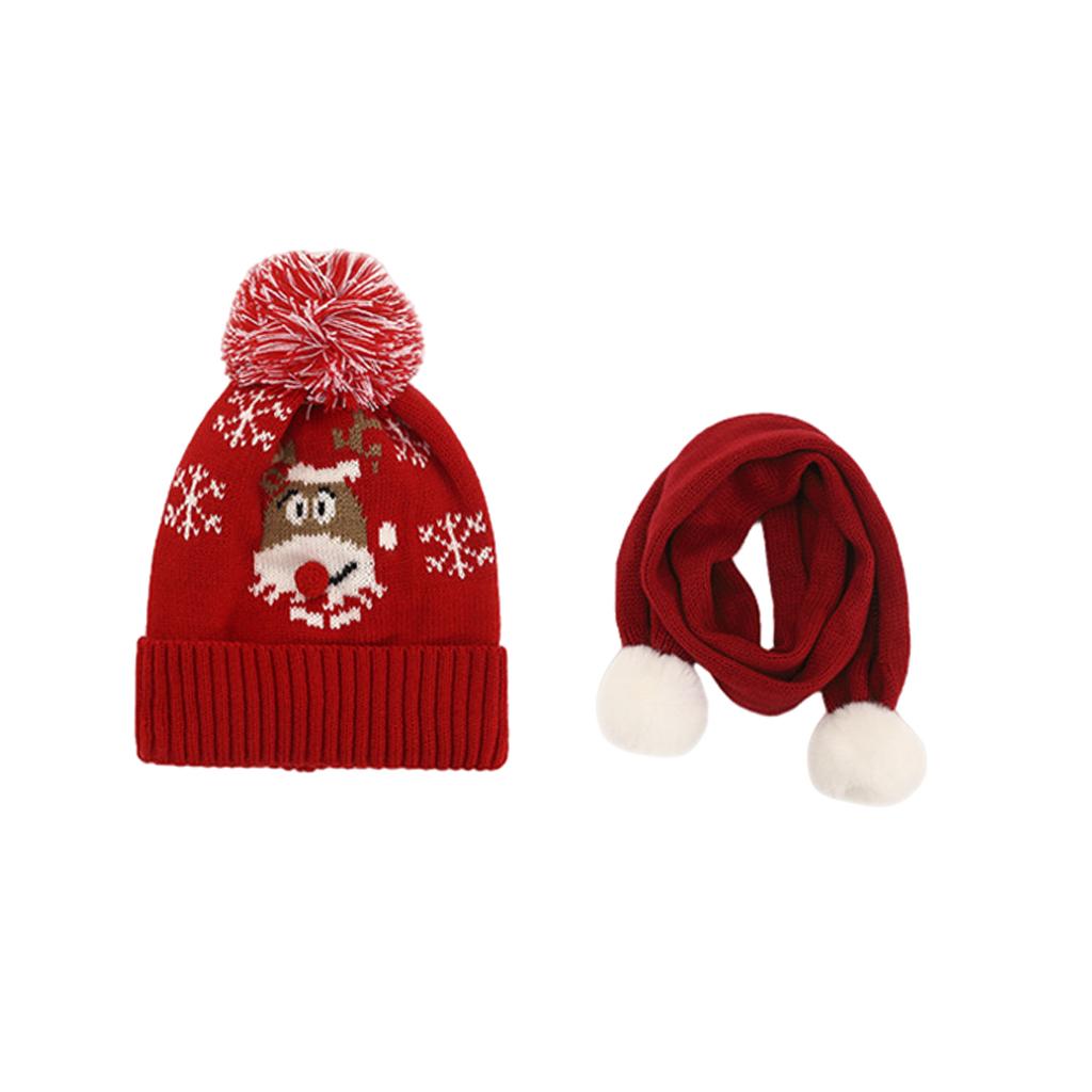 Winter Children Hat with Pom for Boys Girls Red Elk Hat Scarf Set
