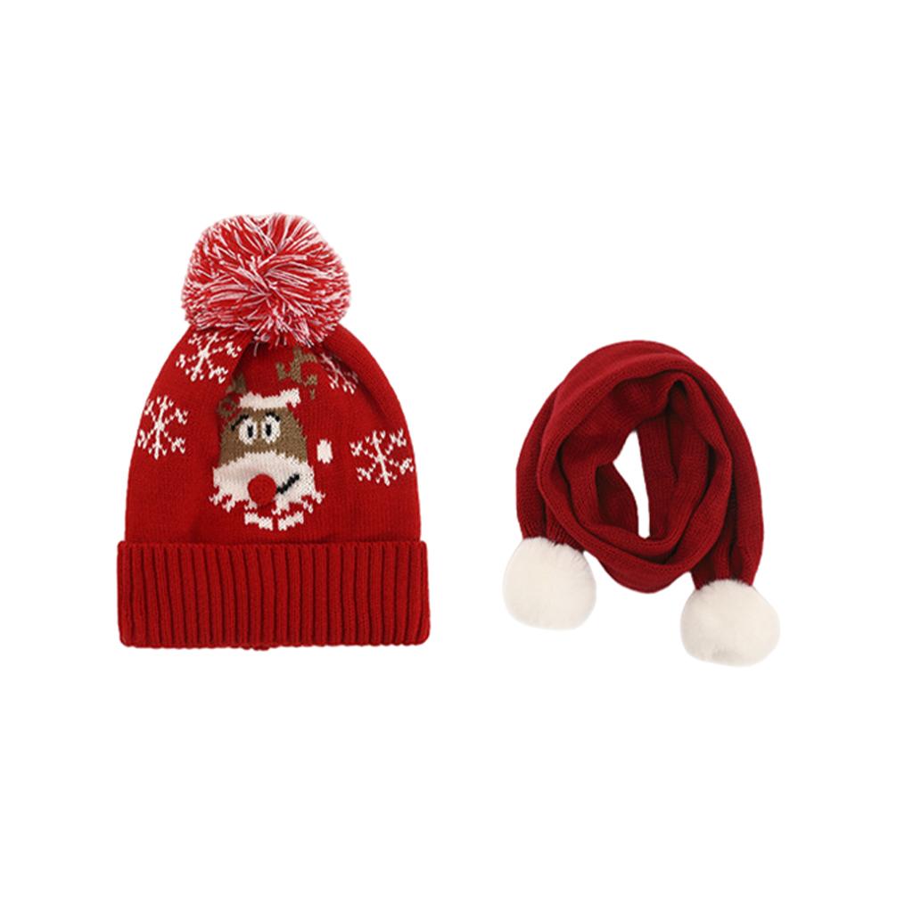 Winter Children Hat with Pom for Boys Girls Red Elk Hat Scarf Set