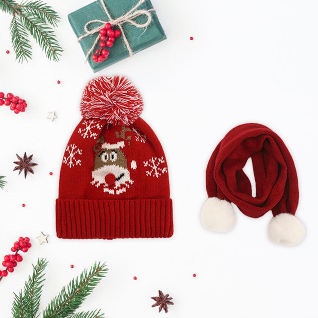 Winter Children Hat with Pom for Boys Girls Red Elk Hat Scarf Set