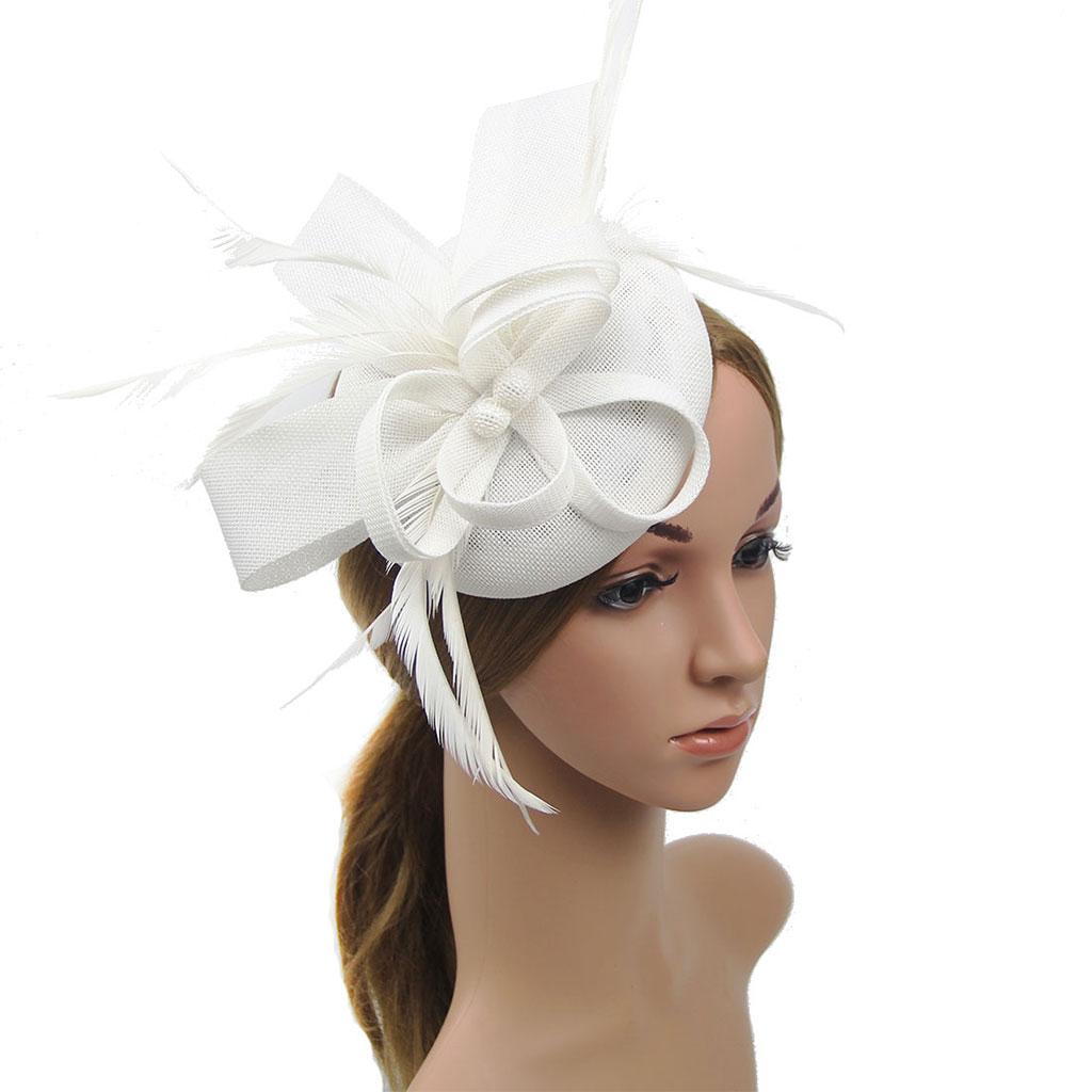 Women Bow Feather Headband Fascinator Hat Weddings Ladies Day White