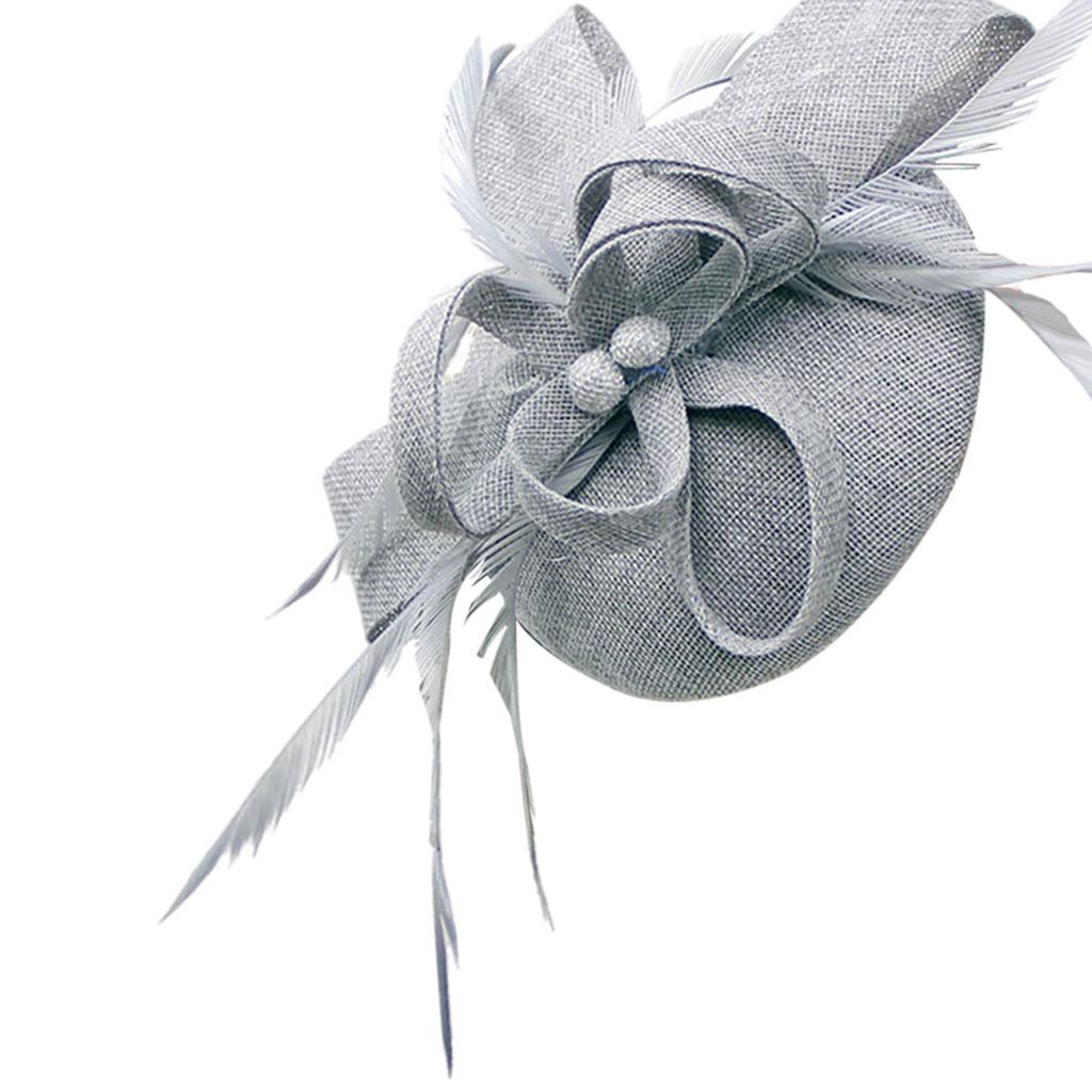 Women Bow Feather Headband Fascinator Hat Weddings Ladies Day Gray