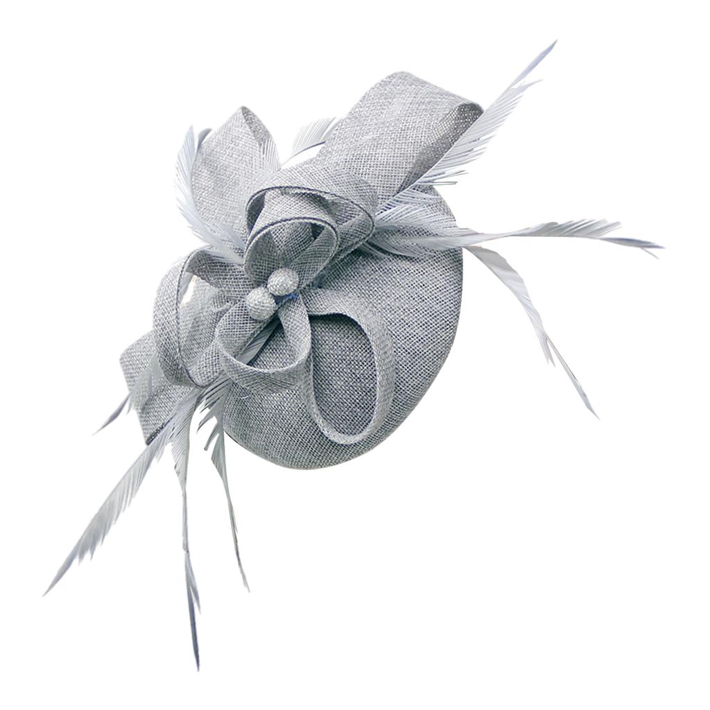 Women Bow Feather Headband Fascinator Hat Weddings Ladies Day Gray
