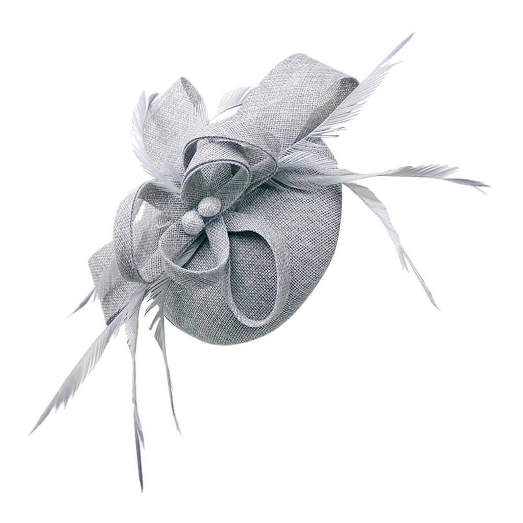 Women Bow Feather Headband Fascinator Hat Weddings Ladies Day Gray