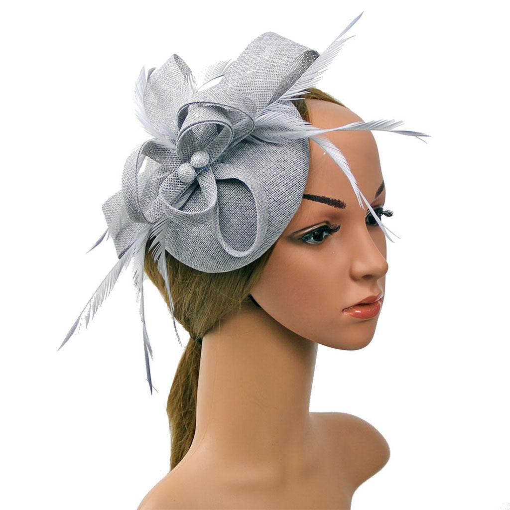 Women Bow Feather Headband Fascinator Hat Weddings Ladies Day Gray