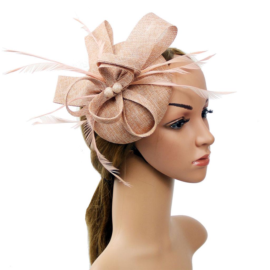 Women Bow Feather Headband Fascinator Hat Weddings Ladies Day Nude pink