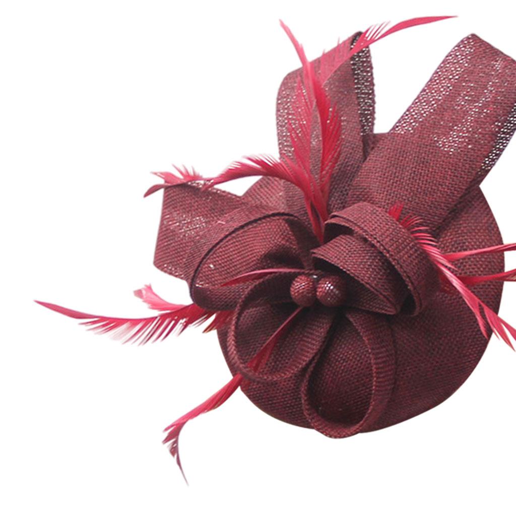 Women Bow Feather Headband Fascinator Hat Weddings Ladies Day Wine red