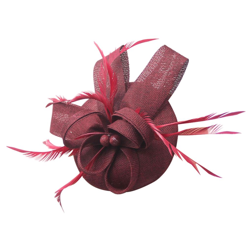 Women Bow Feather Headband Fascinator Hat Weddings Ladies Day Wine red