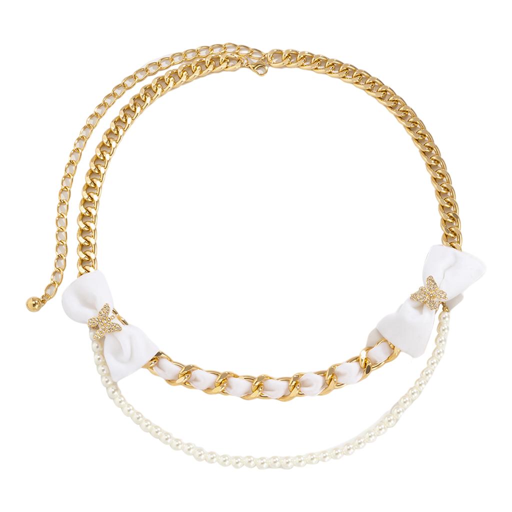 Trendy Alloy Waist Chain Velvet Bow Body Chain Metal Link for Jeans Dress Gold White