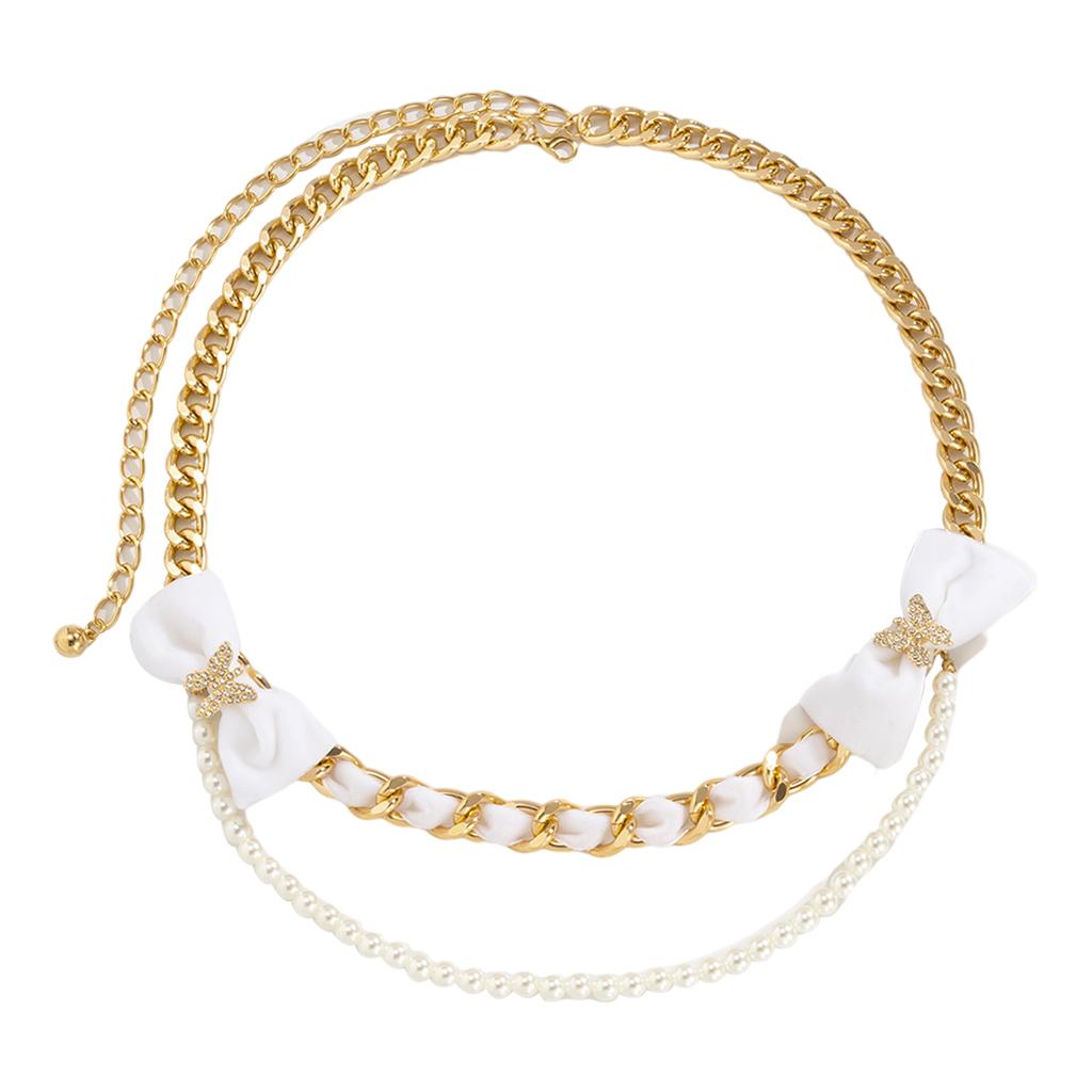 Trendy Alloy Waist Chain Velvet Bow Body Chain Metal Link for Jeans Dress Gold White