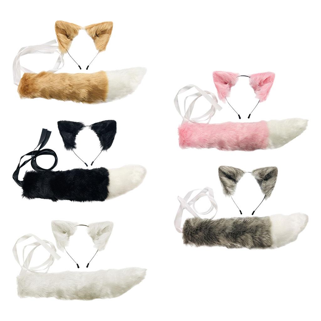 2xPlush Faux Fur Cat Ears and Tail Set Halloween Fancy Dress Cosplay Costume White