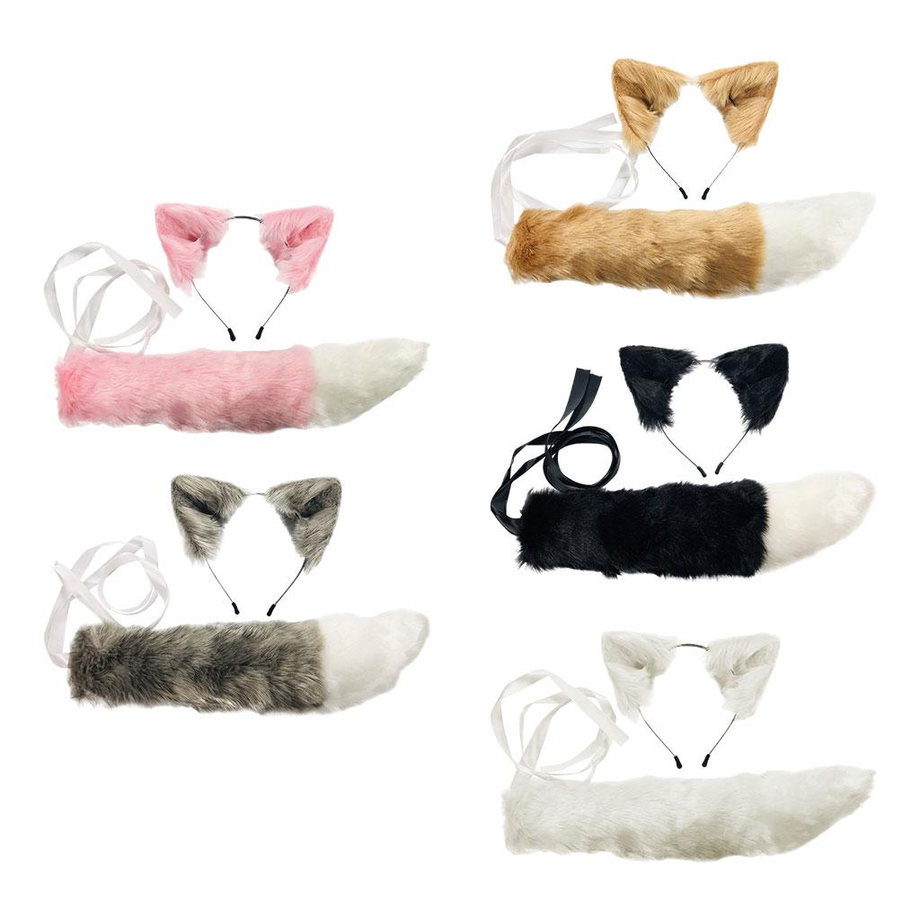 2xPlush Faux Fur Cat Ears and Tail Set Halloween Fancy Dress Cosplay Costume White