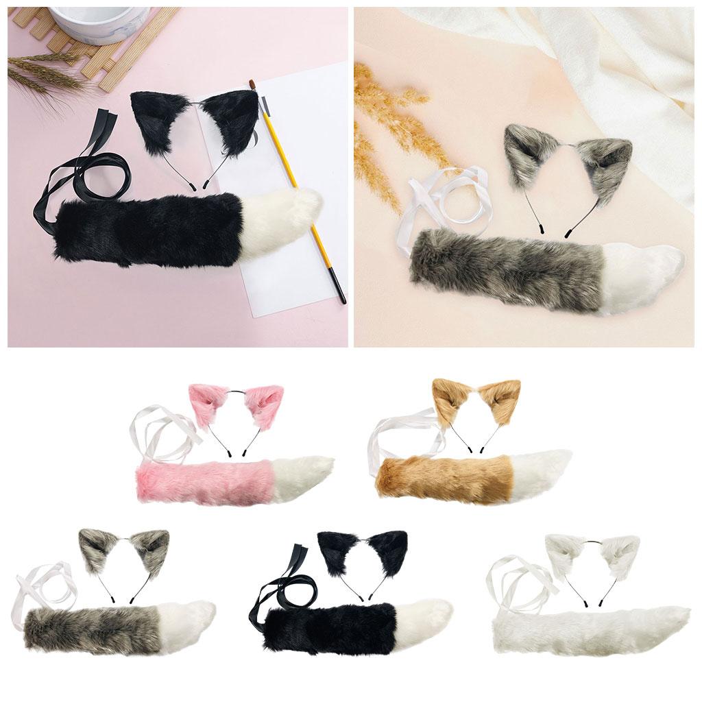 2xPlush Faux Fur Cat Ears and Tail Set Halloween Fancy Dress Cosplay Costume White