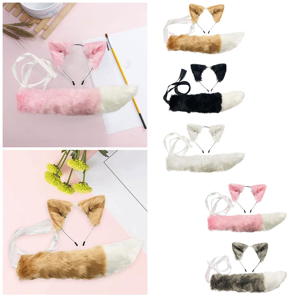2xPlush Faux Fur Cat Ears and Tail Set Halloween Fancy Dress Cosplay Costume White