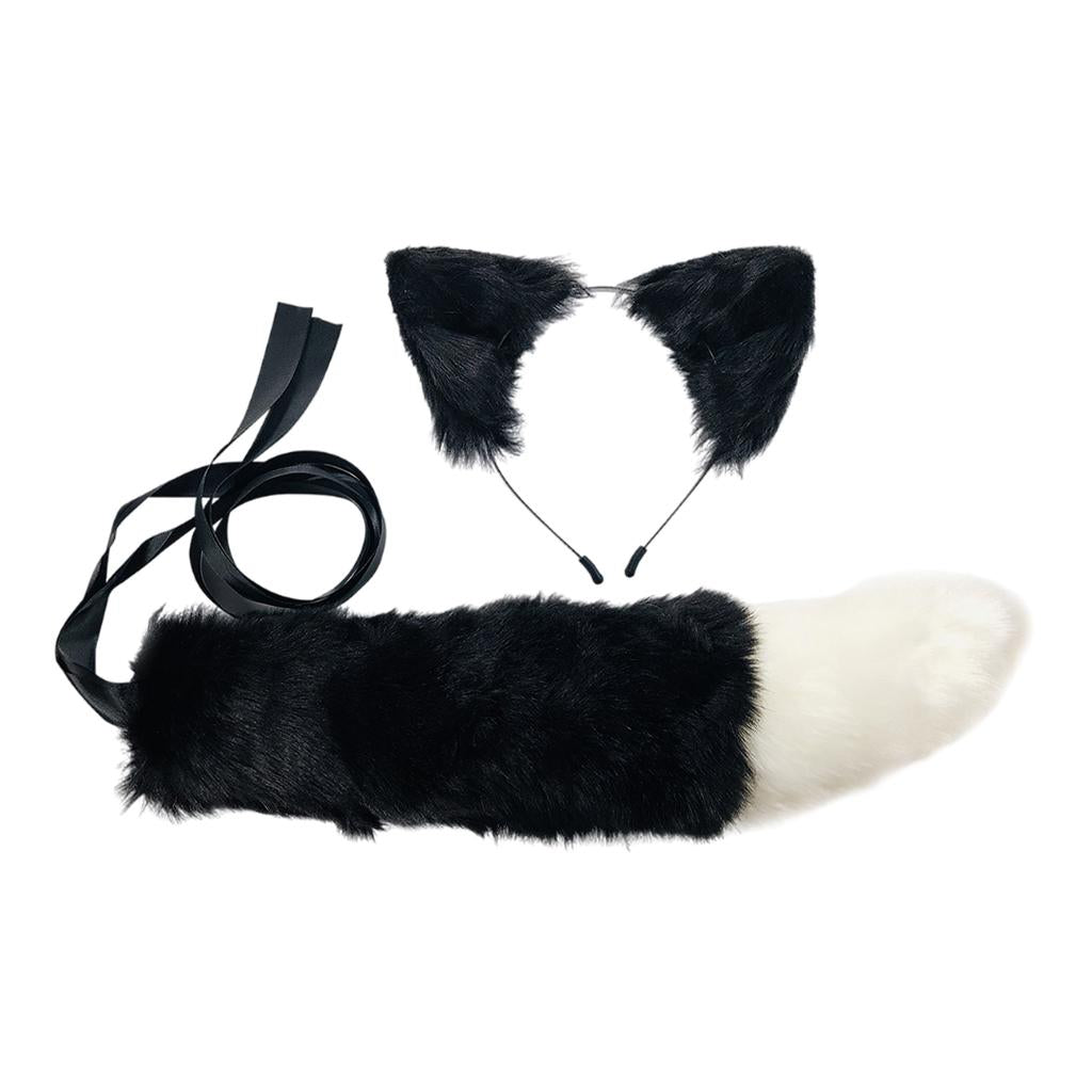 2xPlush Faux Fur Cat Ears and Tail Set Halloween Fancy Dress Cosplay Costume Black