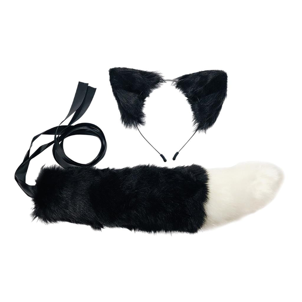 2xPlush Faux Fur Cat Ears and Tail Set Halloween Fancy Dress Cosplay Costume Black