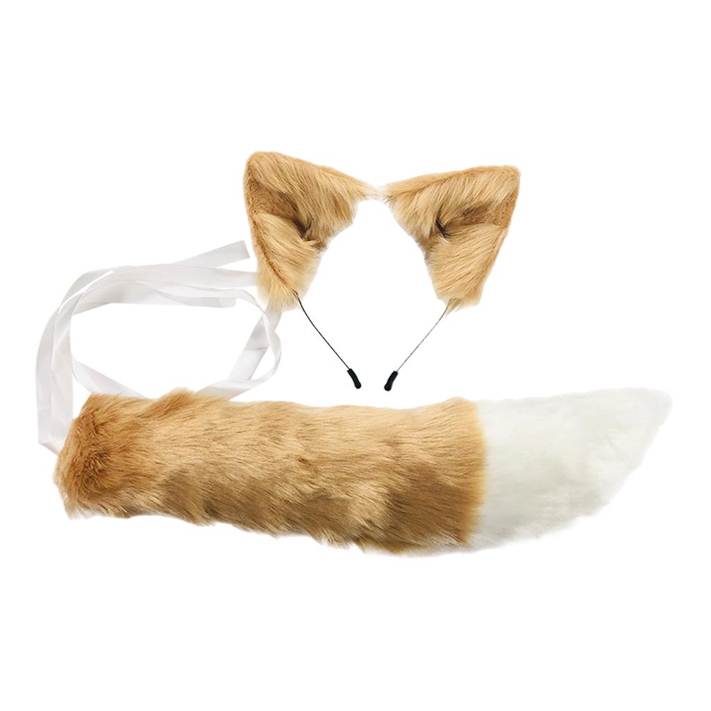 2xPlush Faux Fur Cat Ears and Tail Set Halloween Fancy Dress Cosplay Costume Khaki