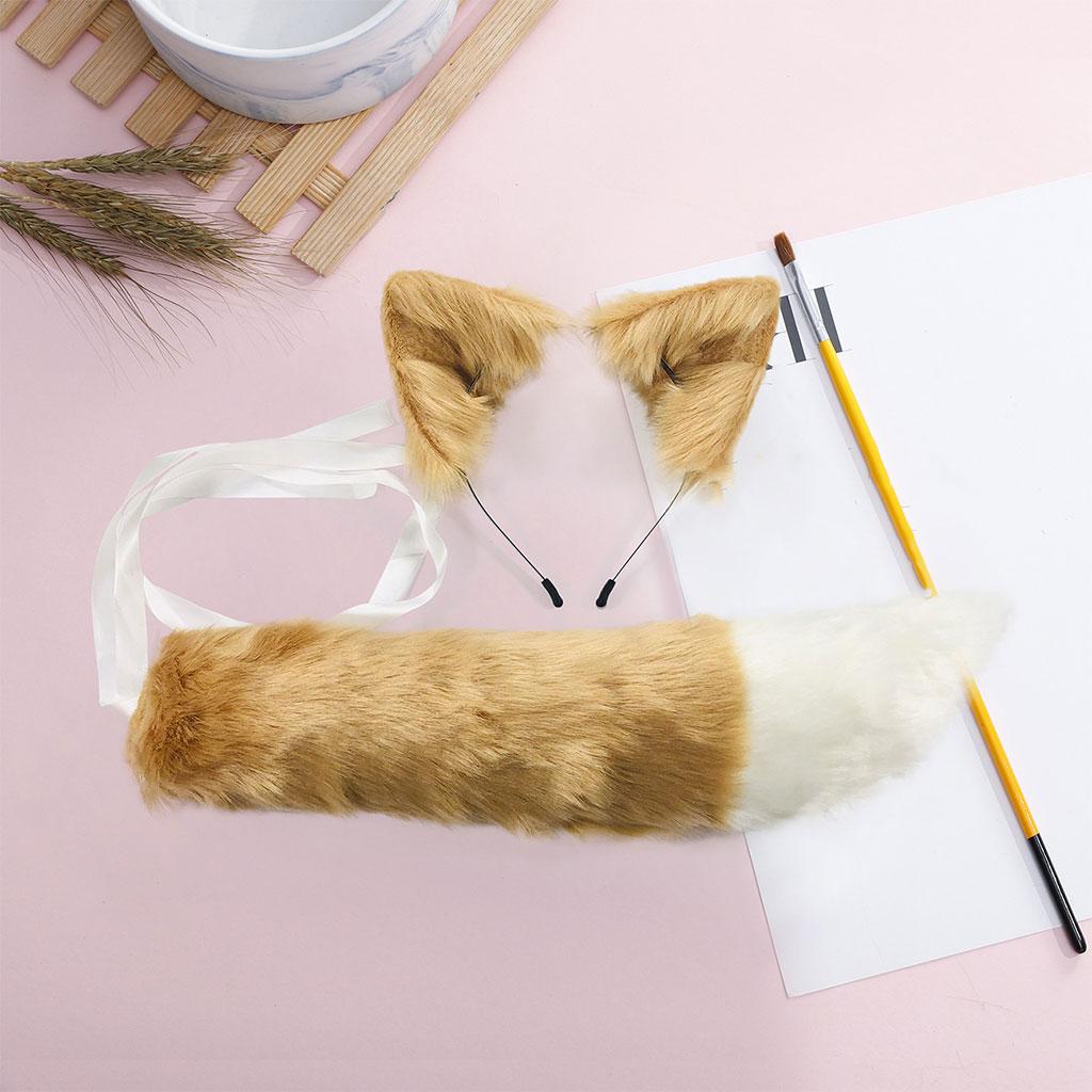 2xPlush Faux Fur Cat Ears and Tail Set Halloween Fancy Dress Cosplay Costume Khaki