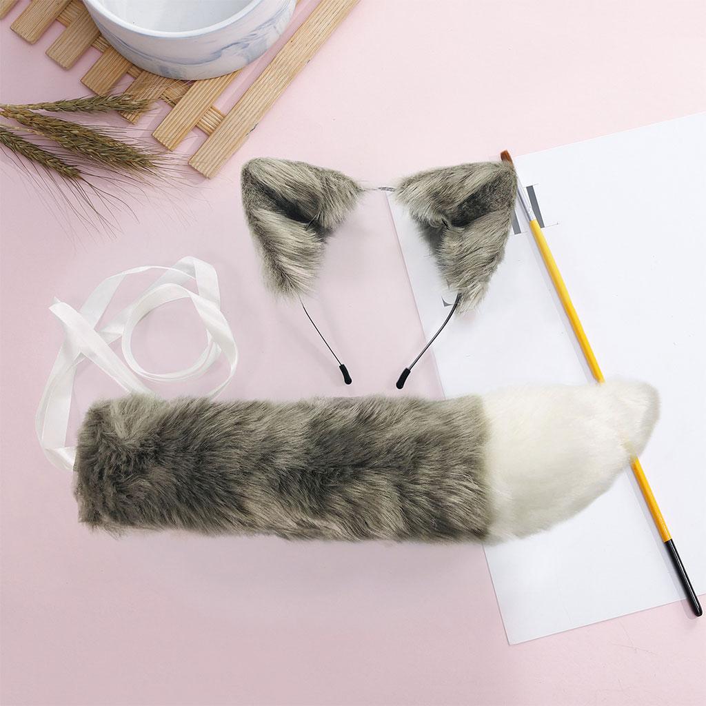 2xPlush Faux Fur Cat Ears and Tail Set Halloween Fancy Dress Cosplay Costume Gray