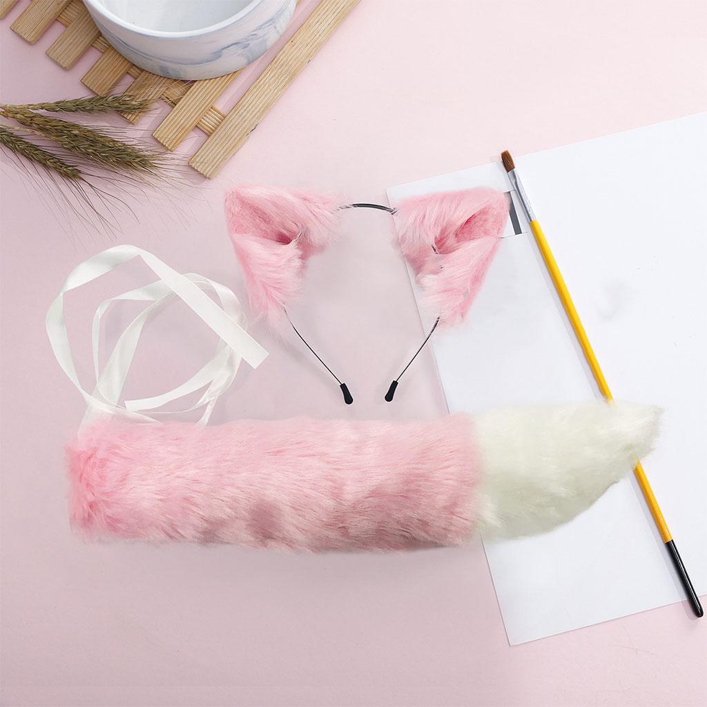 2xPlush Faux Fur Cat Ears and Tail Set Halloween Fancy Dress Cosplay Costume Pink