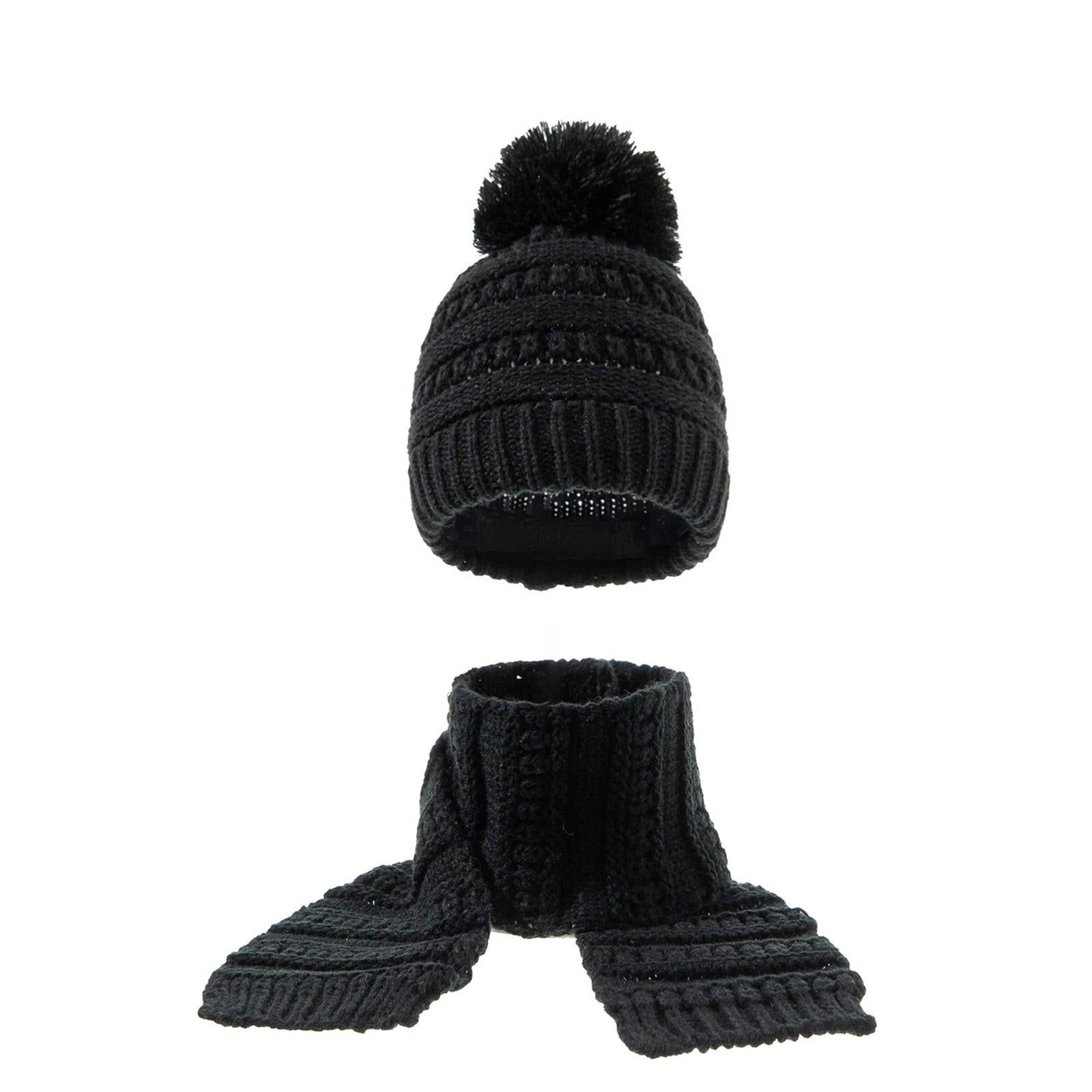 2Pcs Baby Winter Warm Hat Kids Knit Beanie Scarf Set Windproof Black 2PCS