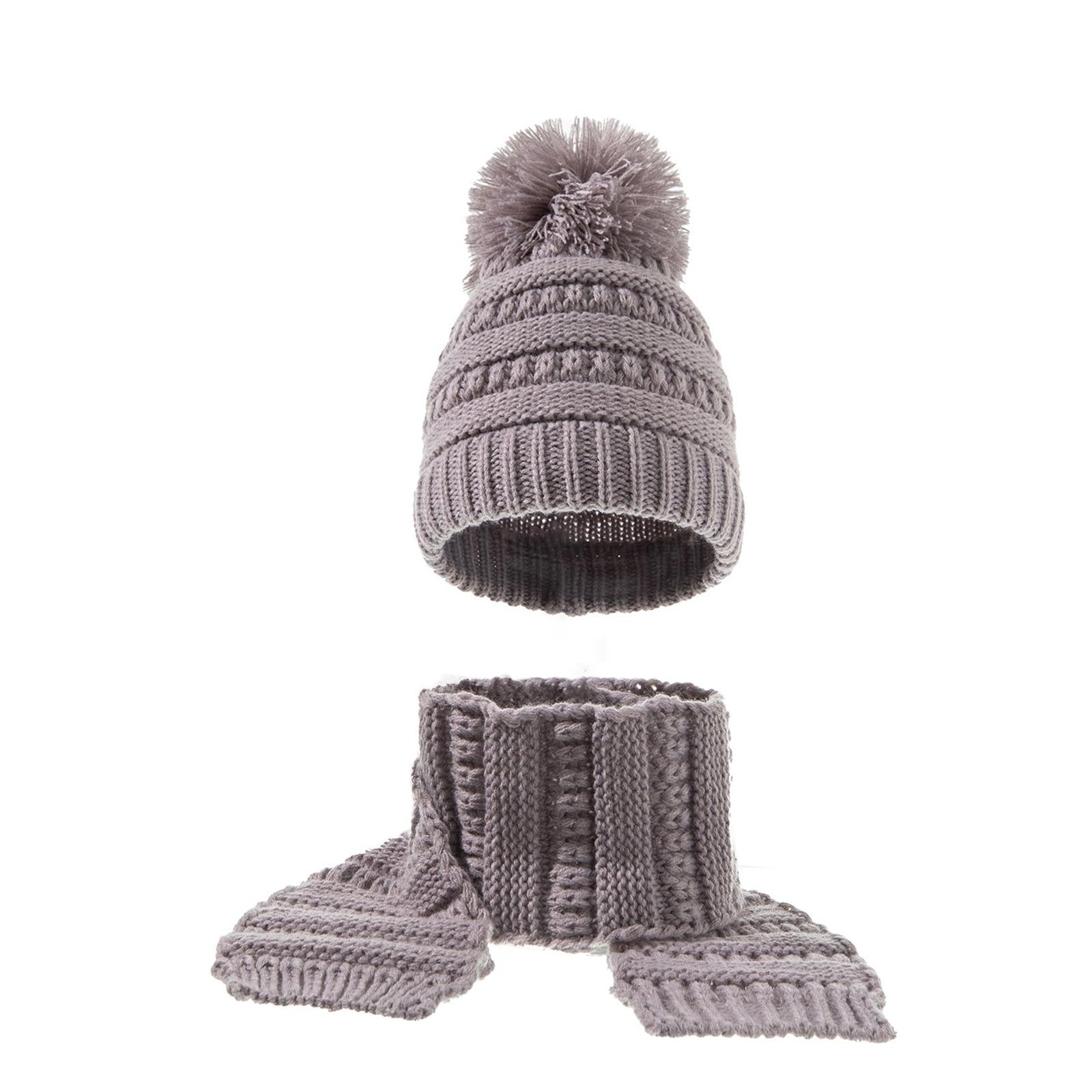2Pcs Baby Winter Warm Hat Kids Knit Beanie Scarf Set Windproof Gray 2PCS