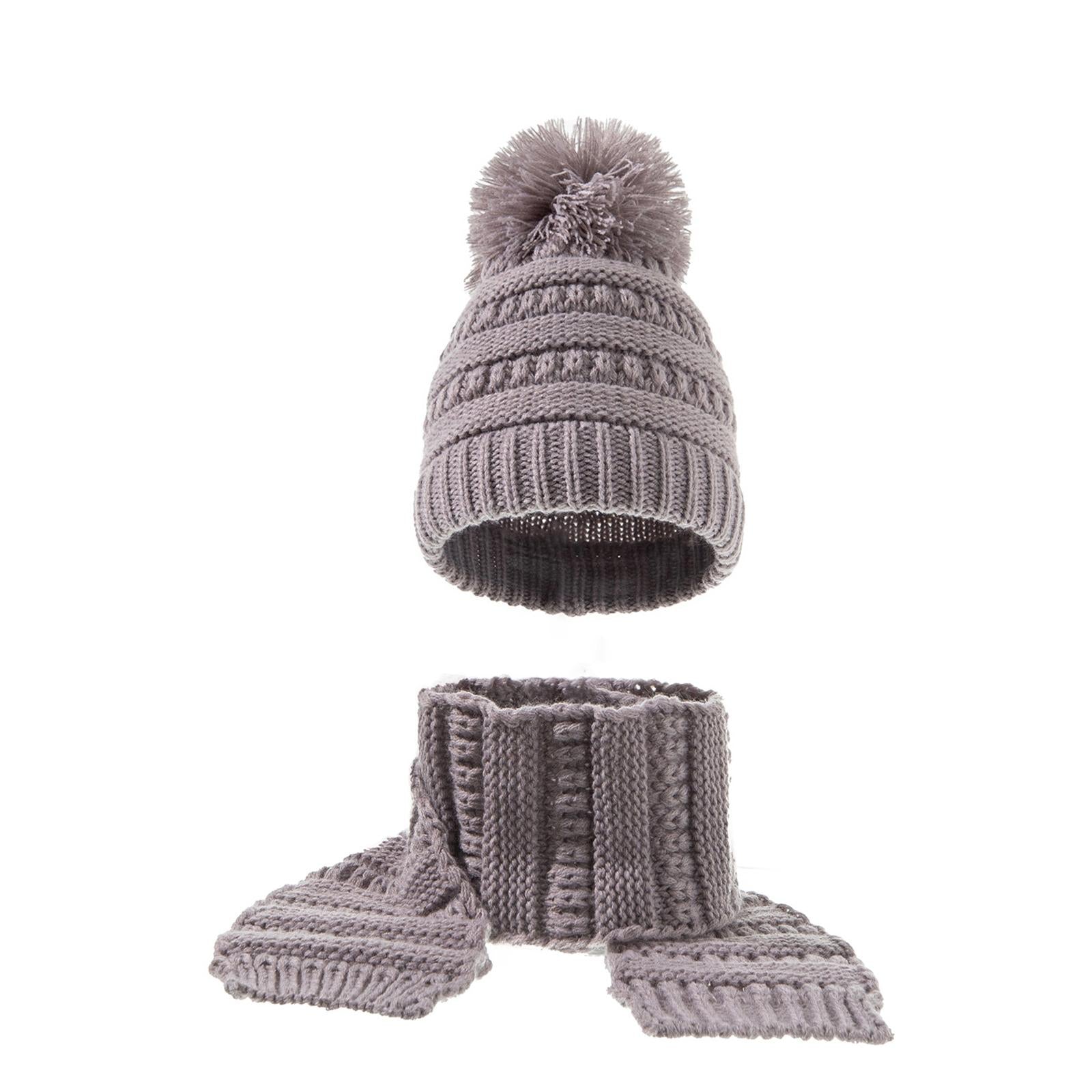 2Pcs Baby Winter Warm Hat Kids Knit Beanie Scarf Set Windproof Gray 2PCS